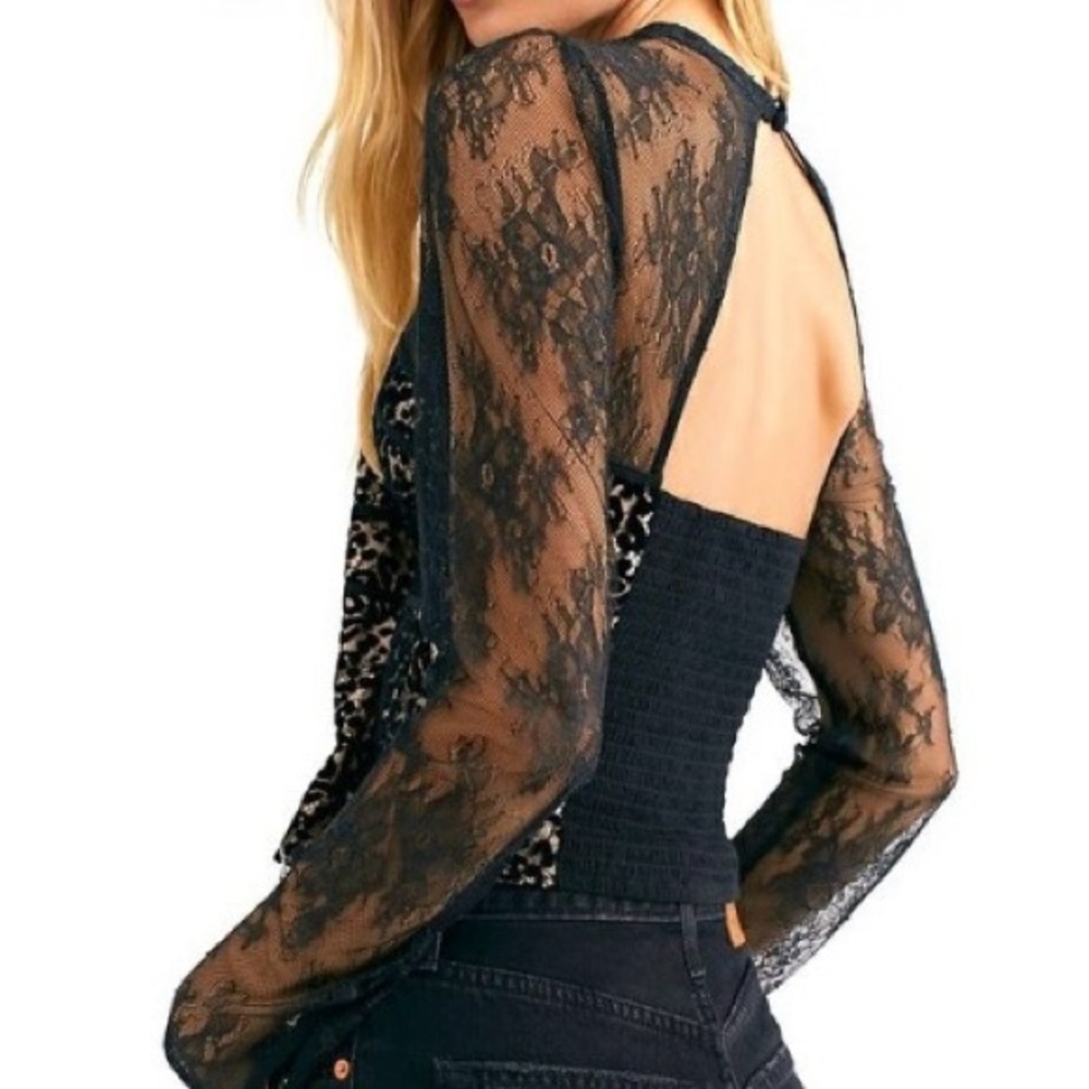 Free People Black Lace Leopard Mesh Long-Sleeve Bodysuit - Picture 7 of 16